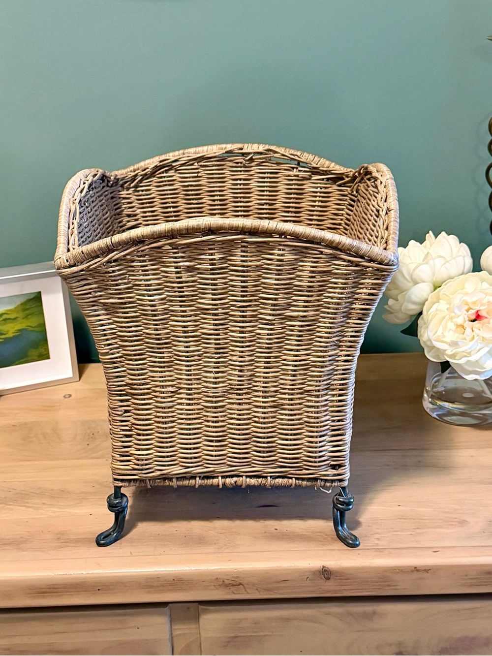 Vintage Wicker Footed Planter | Rattan Cachepot with Metal Claw Feet